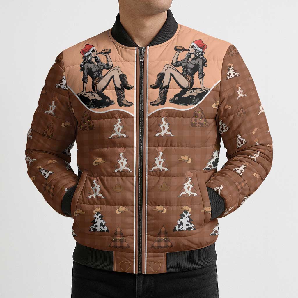 Western Yoke Bomber Puffer Jacket Cowgirl Drinking Wine Christmas - Wonder Print Shop