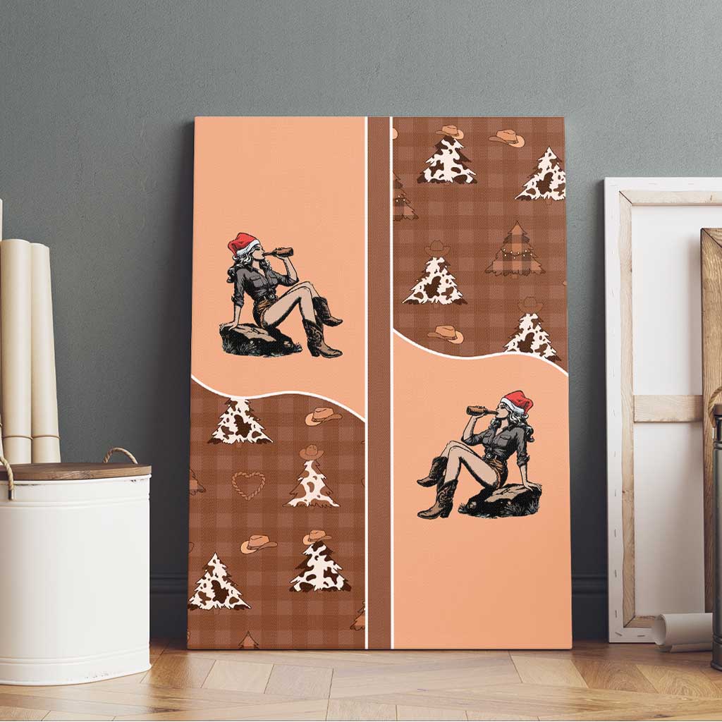 Western Yoke Canvas Wall Art Cowgirl Drinking Wine Christmas - Wonder Print Shop