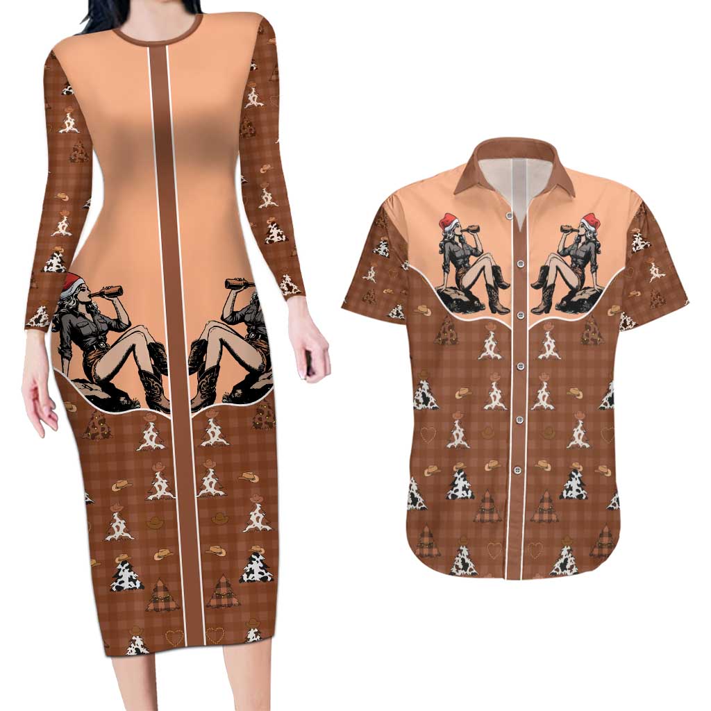 Western Yoke Couples Matching Long Sleeve Bodycon Dress and Hawaiian Shirt Cowgirl Drinking Wine Christmas - Wonder Print Shop