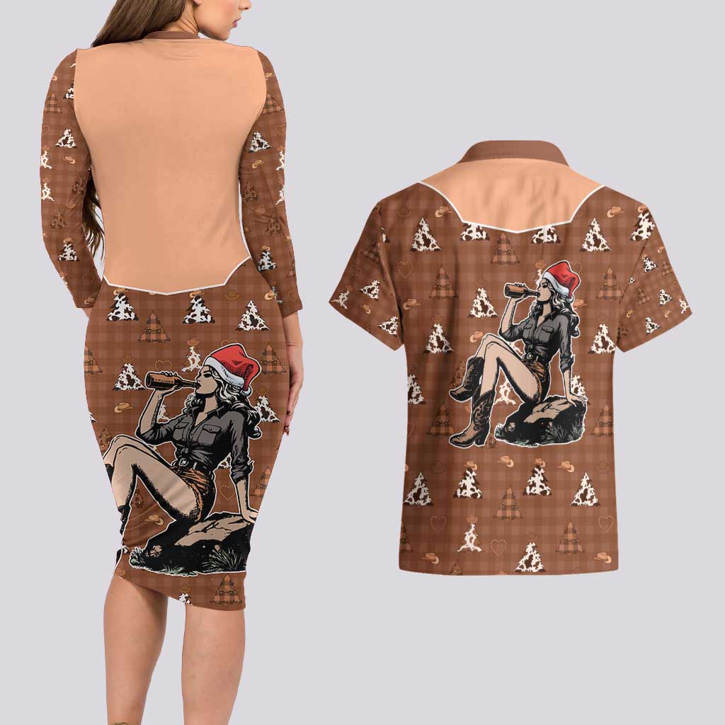 Western Yoke Couples Matching Long Sleeve Bodycon Dress and Hawaiian Shirt Cowgirl Drinking Wine Christmas - Wonder Print Shop