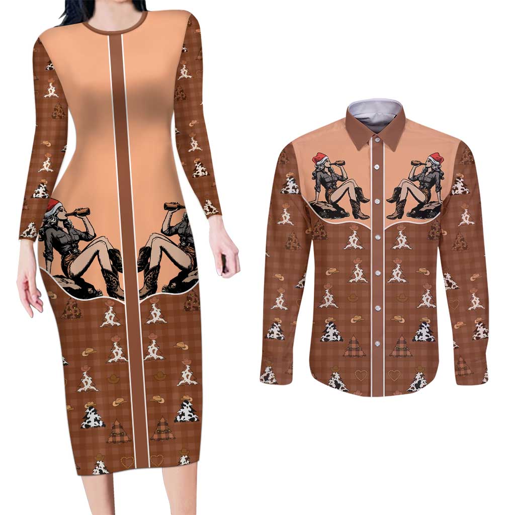 Western Yoke Couples Matching Long Sleeve Bodycon Dress and Long Sleeve Button Shirt Cowgirl Drinking Wine Christmas - Wonder Print Shop