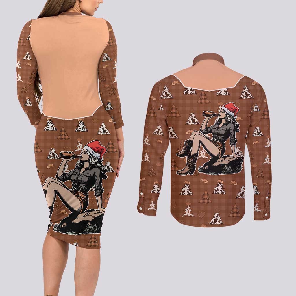 Western Yoke Couples Matching Long Sleeve Bodycon Dress and Long Sleeve Button Shirt Cowgirl Drinking Wine Christmas - Wonder Print Shop