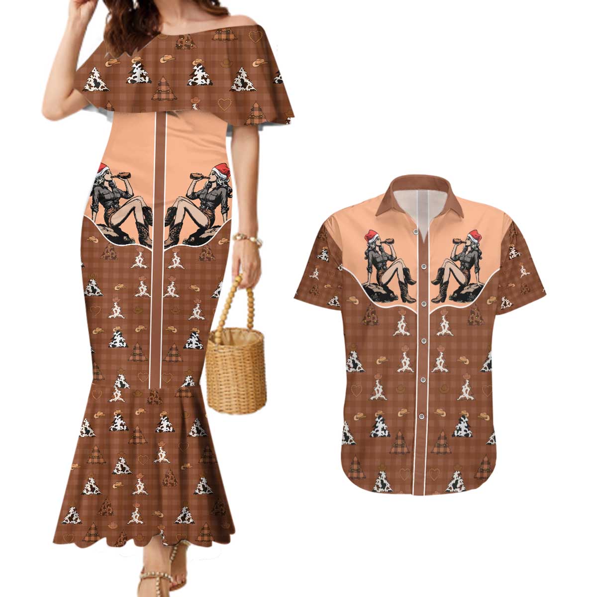 Western Yoke Couples Matching Mermaid Dress and Hawaiian Shirt Cowgirl Drinking Wine Christmas - Wonder Print Shop