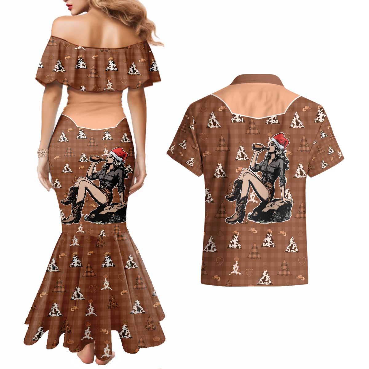 Western Yoke Couples Matching Mermaid Dress and Hawaiian Shirt Cowgirl Drinking Wine Christmas - Wonder Print Shop