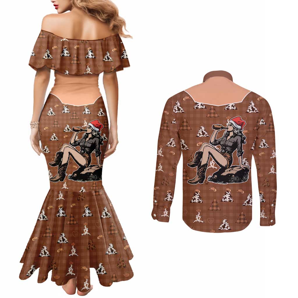 Western Yoke Couples Matching Mermaid Dress and Long Sleeve Button Shirt Cowgirl Drinking Wine Christmas - Wonder Print Shop
