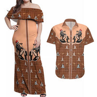 Western Yoke Couples Matching Off Shoulder Maxi Dress and Hawaiian Shirt Cowgirl Drinking Wine Christmas - Wonder Print Shop