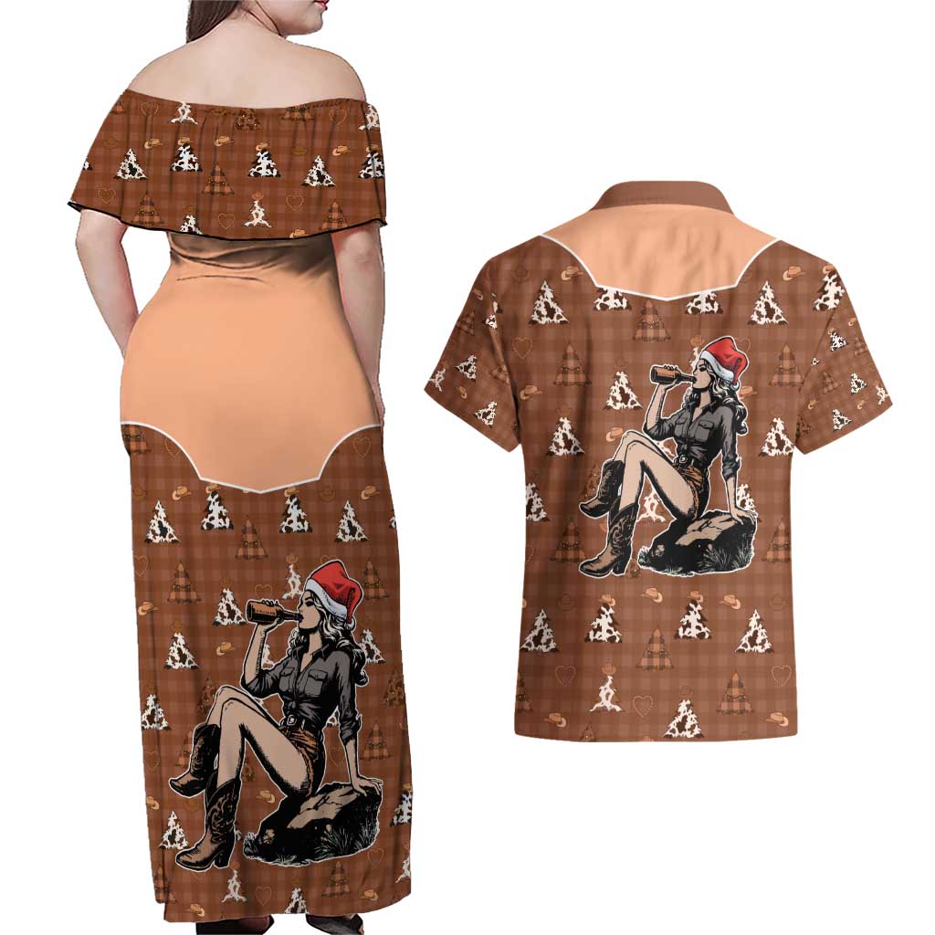 Western Yoke Couples Matching Off Shoulder Maxi Dress and Hawaiian Shirt Cowgirl Drinking Wine Christmas - Wonder Print Shop