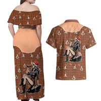 Western Yoke Couples Matching Off Shoulder Maxi Dress and Hawaiian Shirt Cowgirl Drinking Wine Christmas - Wonder Print Shop
