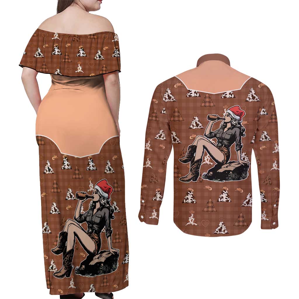 Western Yoke Couples Matching Off Shoulder Maxi Dress and Long Sleeve Button Shirt Cowgirl Drinking Wine Christmas - Wonder Print Shop
