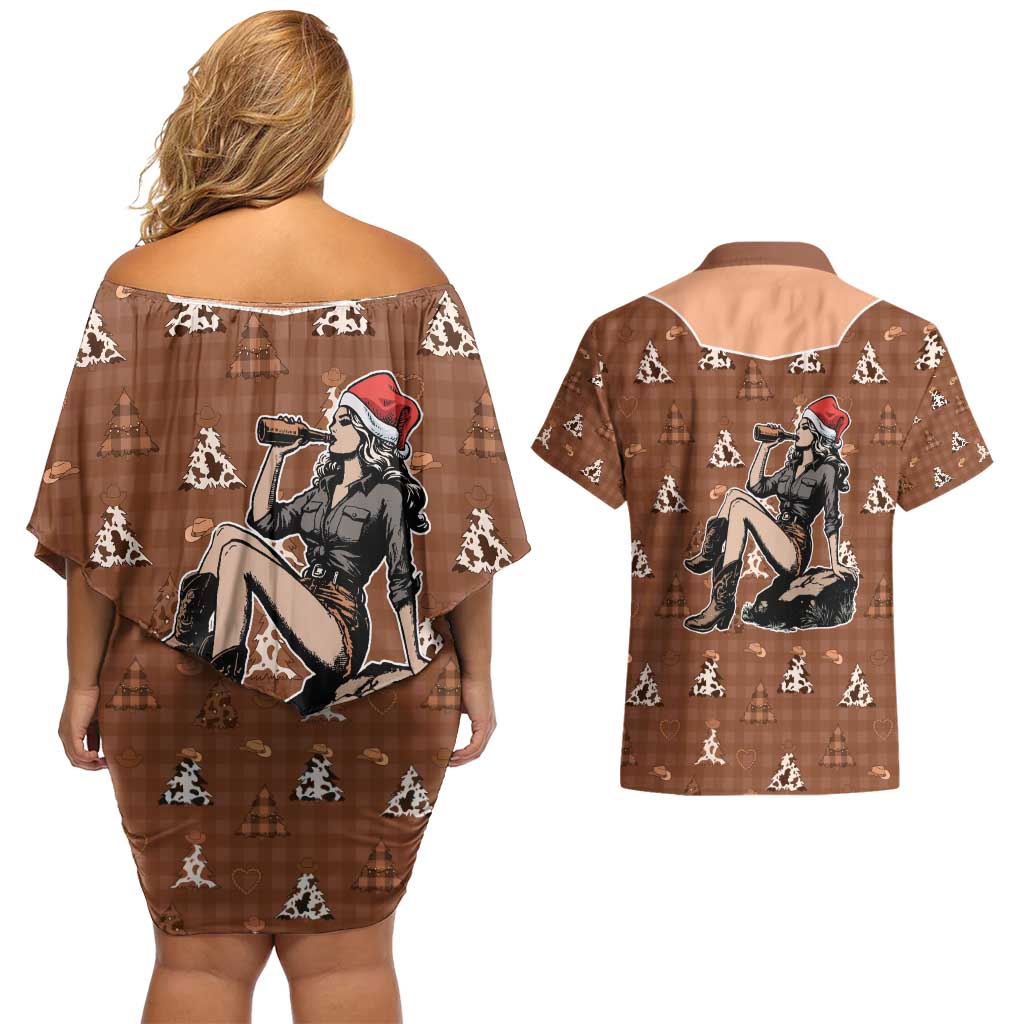 Western Yoke Couples Matching Off Shoulder Short Dress and Hawaiian Shirt Cowgirl Drinking Wine Christmas - Wonder Print Shop