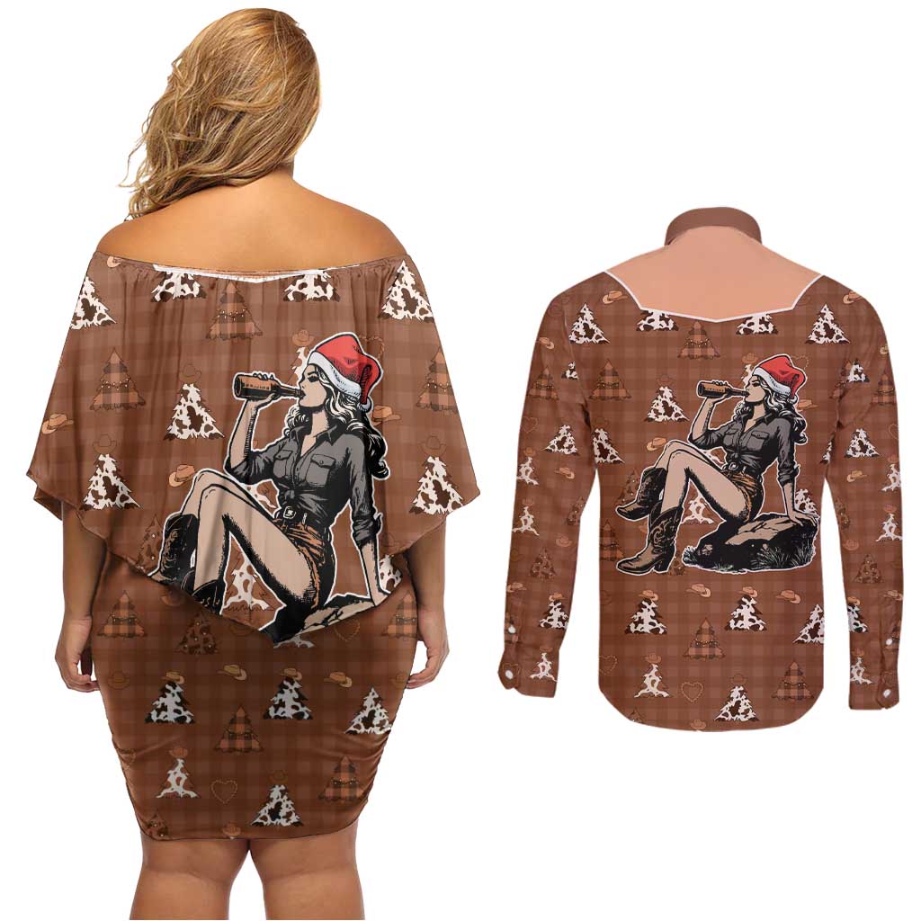 Western Yoke Couples Matching Off Shoulder Short Dress and Long Sleeve Button Shirt Cowgirl Drinking Wine Christmas - Wonder Print Shop