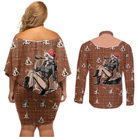 Western Yoke Couples Matching Off Shoulder Short Dress and Long Sleeve Button Shirt Cowgirl Drinking Wine Christmas - Wonder Print Shop
