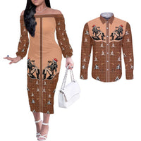 Western Yoke Couples Matching Off The Shoulder Long Sleeve Dress and Long Sleeve Button Shirt Cowgirl Drinking Wine Christmas - Wonder Print Shop