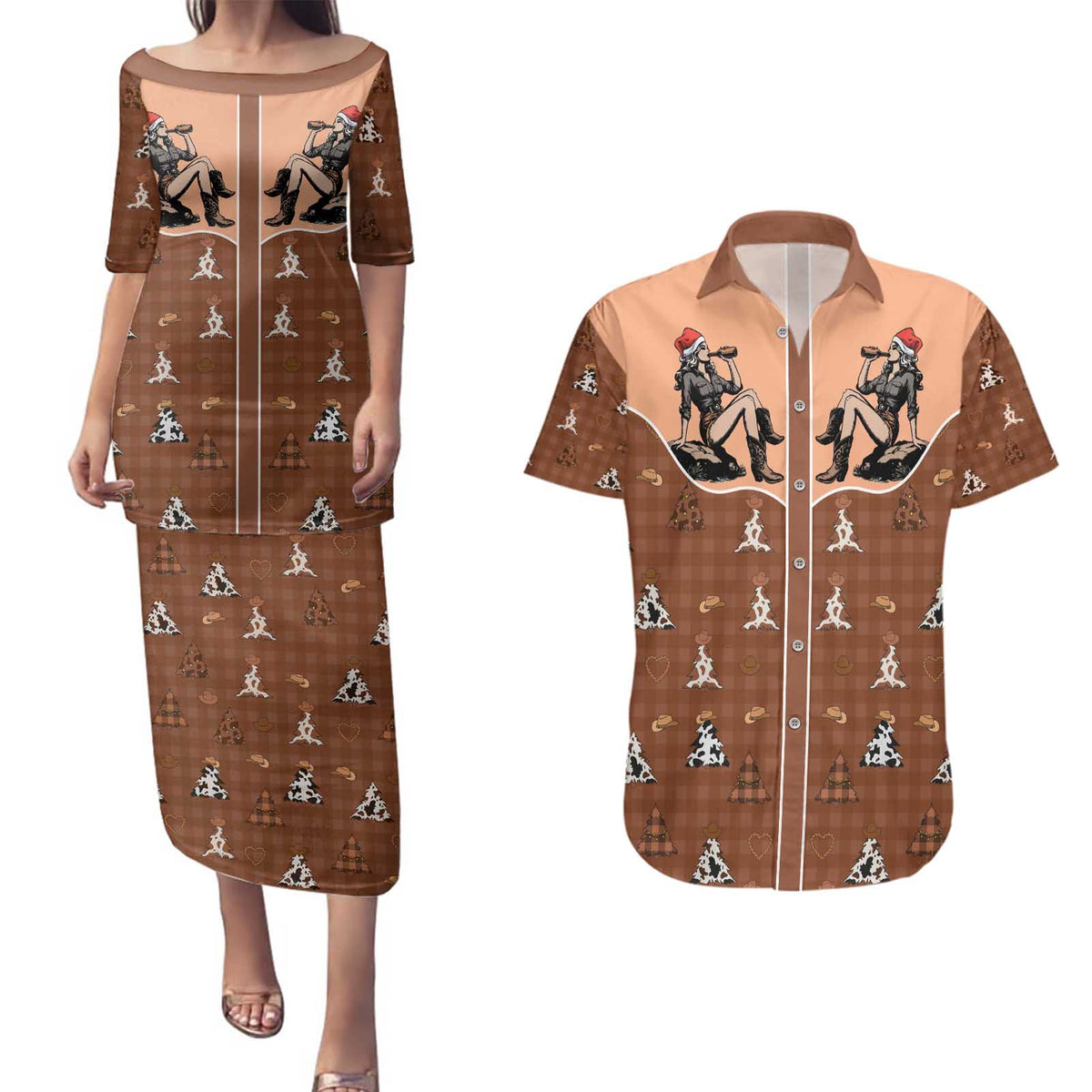 Western Yoke Couples Matching Puletasi and Hawaiian Shirt Cowgirl Drinking Wine Christmas - Wonder Print Shop