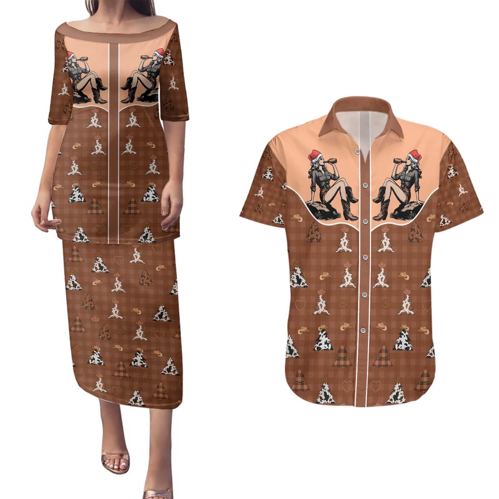 Western Yoke Couples Matching Puletasi and Hawaiian Shirt Cowgirl Drinking Wine Christmas - Wonder Print Shop
