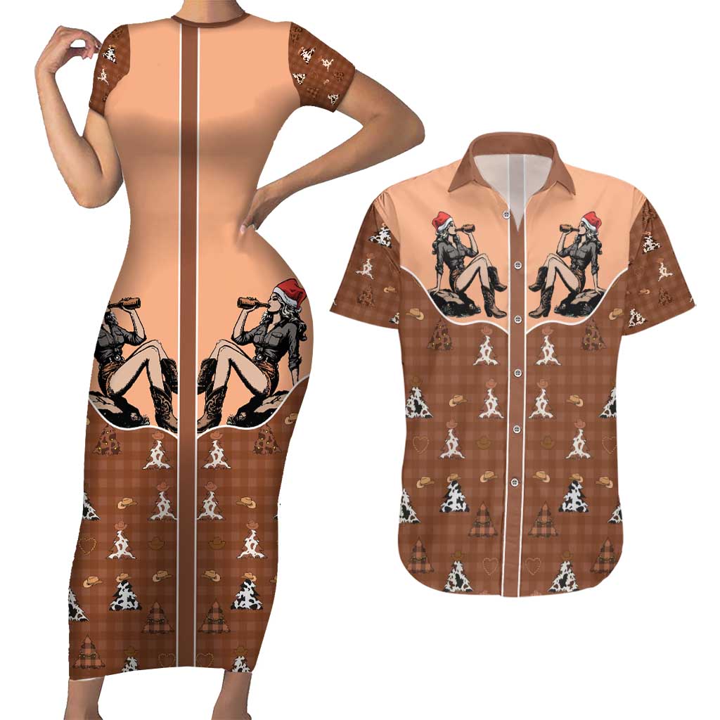 Western Yoke Couples Matching Short Sleeve Bodycon Dress and Hawaiian Shirt Cowgirl Drinking Wine Christmas - Wonder Print Shop