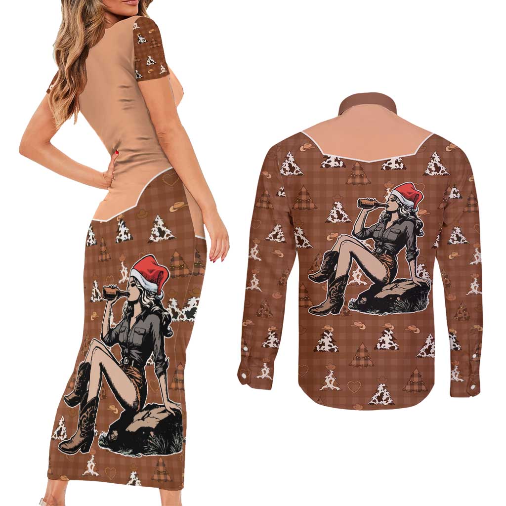 Western Yoke Couples Matching Short Sleeve Bodycon Dress and Long Sleeve Button Shirt Cowgirl Drinking Wine Christmas - Wonder Print Shop