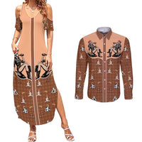 Western Yoke Couples Matching Summer Maxi Dress and Long Sleeve Button Shirt Cowgirl Drinking Wine Christmas - Wonder Print Shop