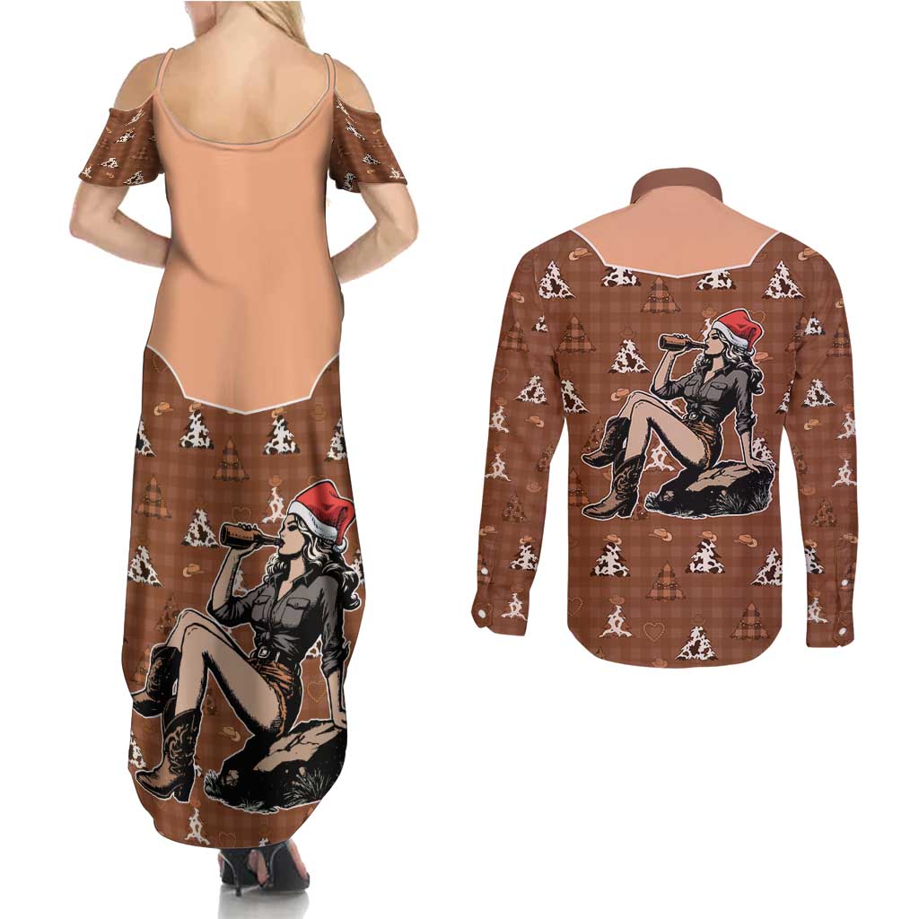 Western Yoke Couples Matching Summer Maxi Dress and Long Sleeve Button Shirt Cowgirl Drinking Wine Christmas - Wonder Print Shop