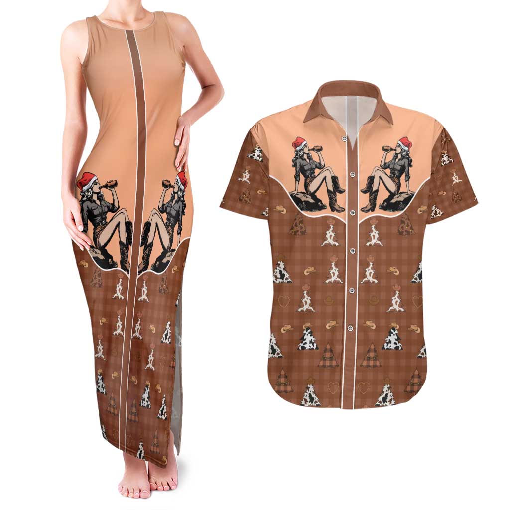 Western Yoke Couples Matching Tank Maxi Dress and Hawaiian Shirt Cowgirl Drinking Wine Christmas - Wonder Print Shop