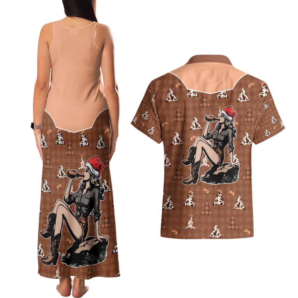 Western Yoke Couples Matching Tank Maxi Dress and Hawaiian Shirt Cowgirl Drinking Wine Christmas - Wonder Print Shop