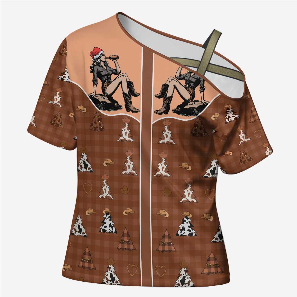 Western Yoke Cross Shoulder Shirt Cowgirl Drinking Wine Christmas - Wonder Print Shop