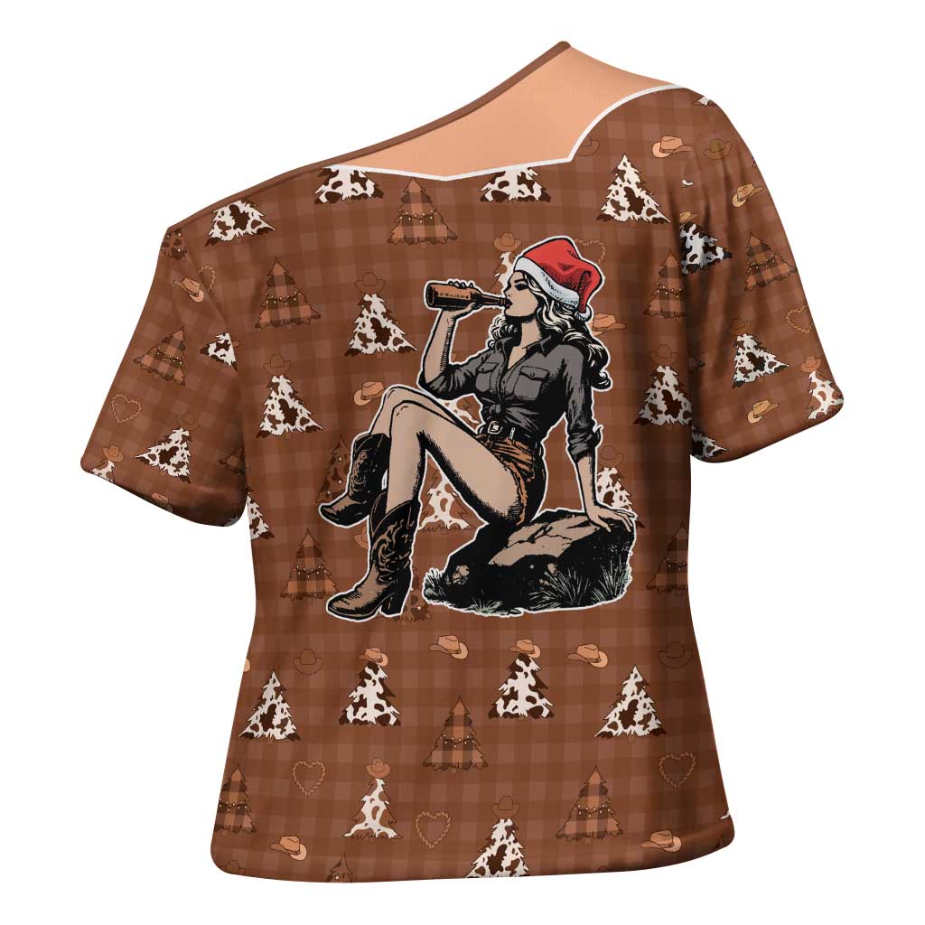 Western Yoke Cross Shoulder Shirt Cowgirl Drinking Wine Christmas - Wonder Print Shop