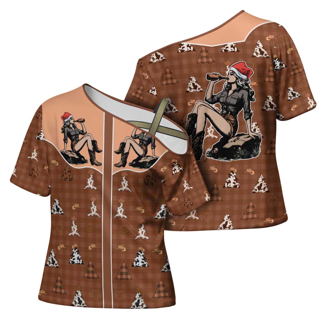 Western Yoke Cross Shoulder Shirt Cowgirl Drinking Wine Christmas - Wonder Print Shop