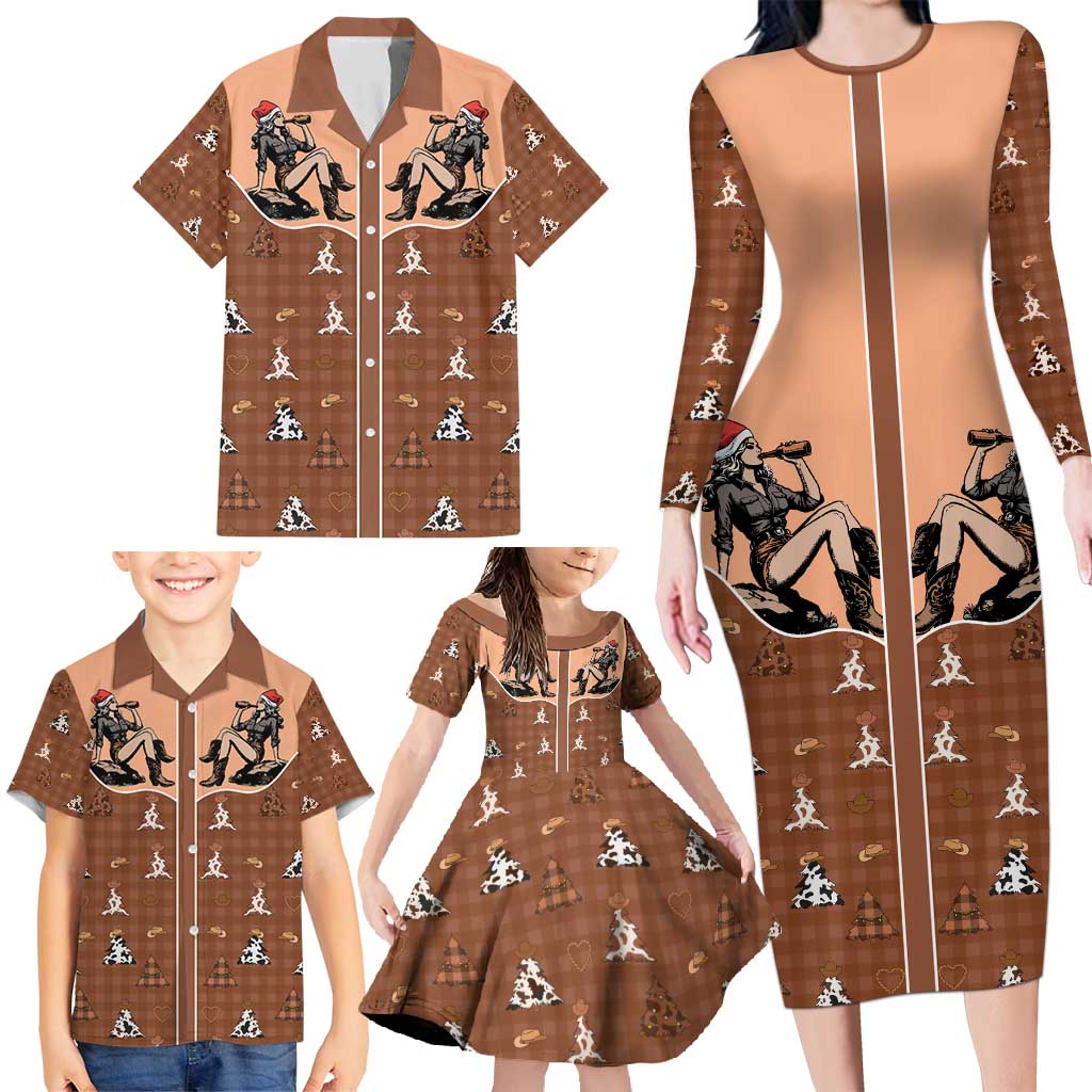 Western Yoke Family Matching Long Sleeve Bodycon Dress and Hawaiian Shirt Cowgirl Drinking Wine Christmas - Wonder Print Shop