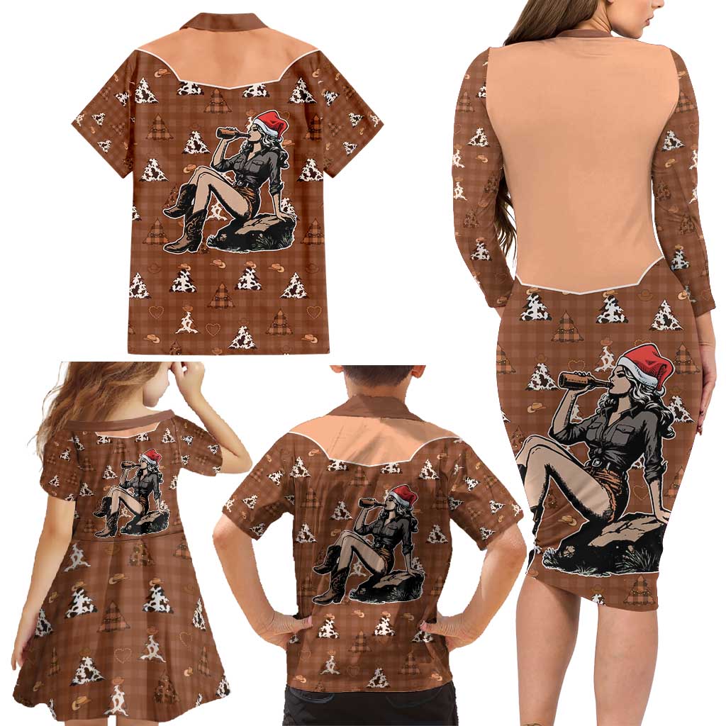 Western Yoke Family Matching Long Sleeve Bodycon Dress and Hawaiian Shirt Cowgirl Drinking Wine Christmas - Wonder Print Shop