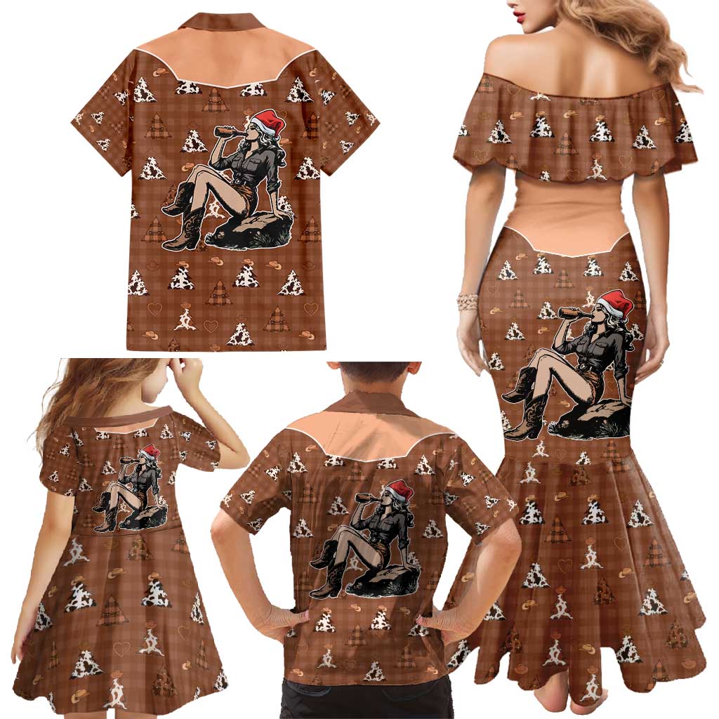 Western Yoke Family Matching Mermaid Dress and Hawaiian Shirt Cowgirl Drinking Wine Christmas - Wonder Print Shop