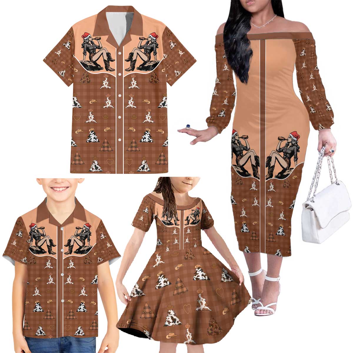 Western Yoke Family Matching Off The Shoulder Long Sleeve Dress and Hawaiian Shirt Cowgirl Drinking Wine Christmas - Wonder Print Shop