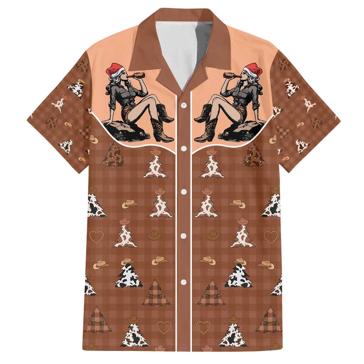 Western Yoke Family Matching Off The Shoulder Long Sleeve Dress and Hawaiian Shirt Cowgirl Drinking Wine Christmas - Wonder Print Shop