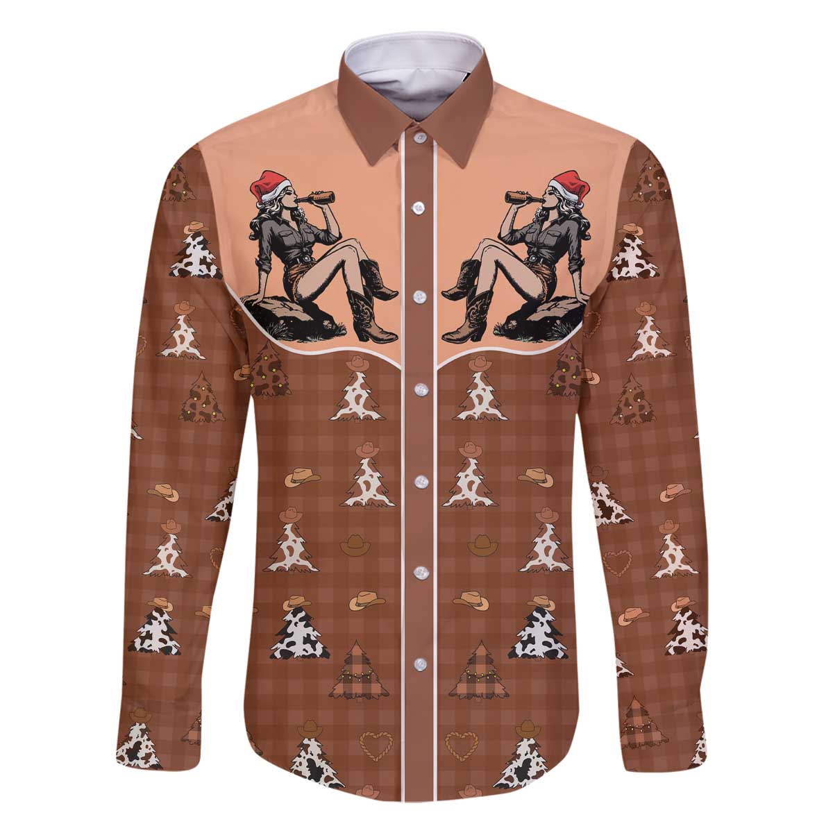 Western Yoke Family Matching Off The Shoulder Long Sleeve Dress and Hawaiian Shirt Cowgirl Drinking Wine Christmas - Wonder Print Shop