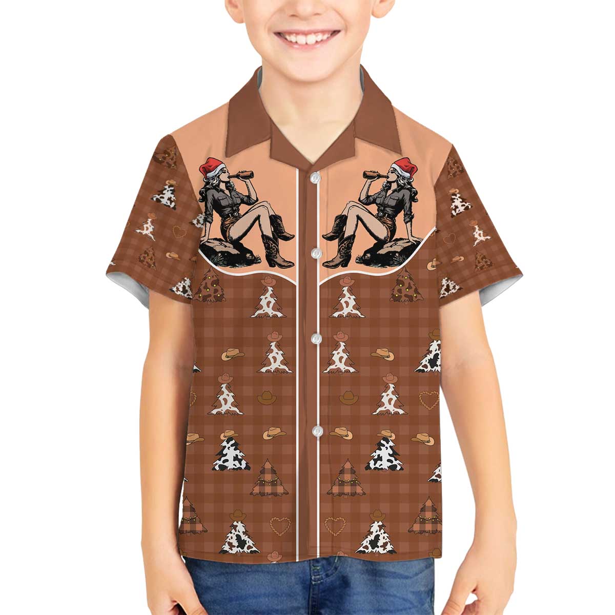 Western Yoke Family Matching Off The Shoulder Long Sleeve Dress and Hawaiian Shirt Cowgirl Drinking Wine Christmas - Wonder Print Shop