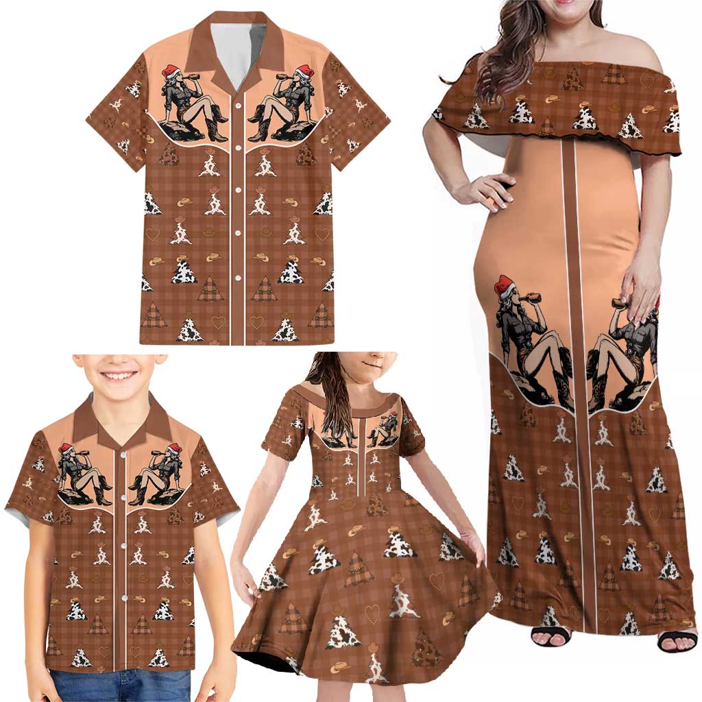 Western Yoke Family Matching Off Shoulder Maxi Dress and Hawaiian Shirt Cowgirl Drinking Wine Christmas - Wonder Print Shop
