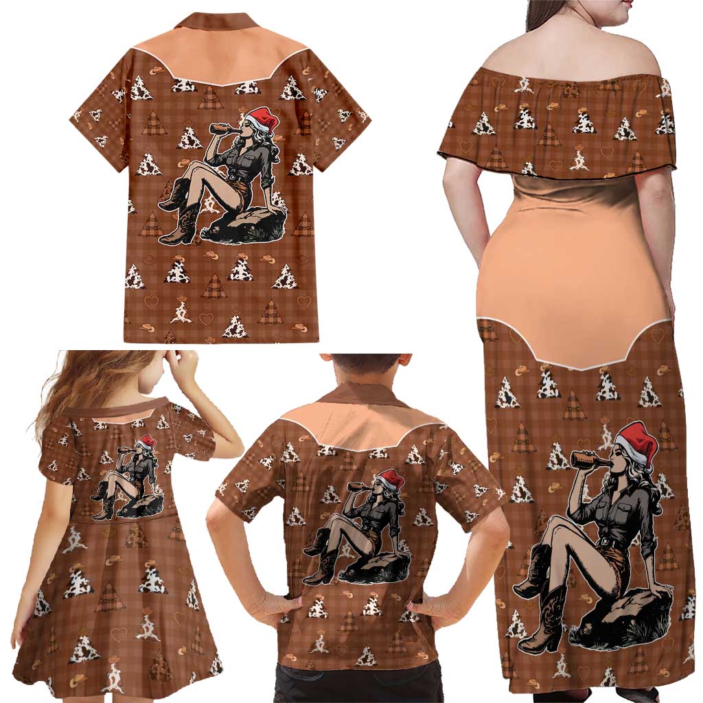 Western Yoke Family Matching Off Shoulder Maxi Dress and Hawaiian Shirt Cowgirl Drinking Wine Christmas - Wonder Print Shop