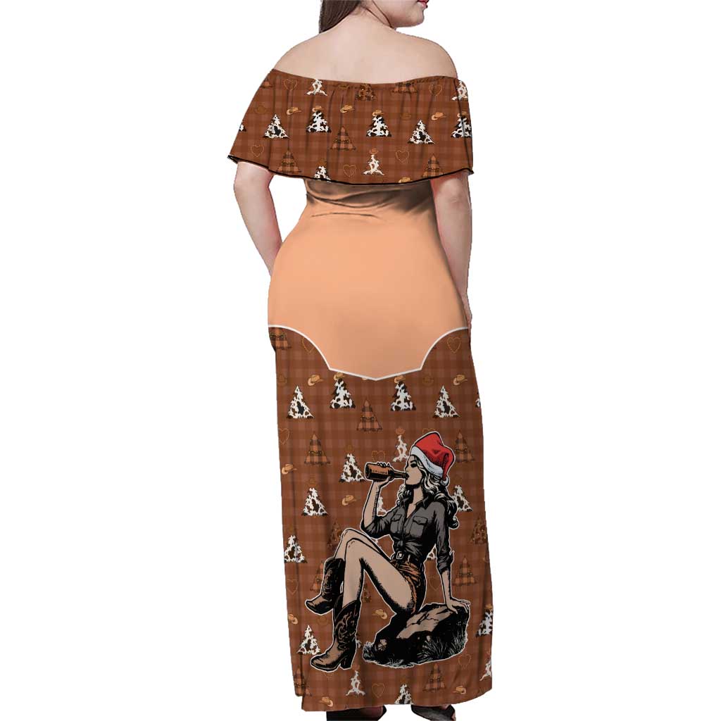 Western Yoke Family Matching Off Shoulder Maxi Dress and Hawaiian Shirt Cowgirl Drinking Wine Christmas - Wonder Print Shop