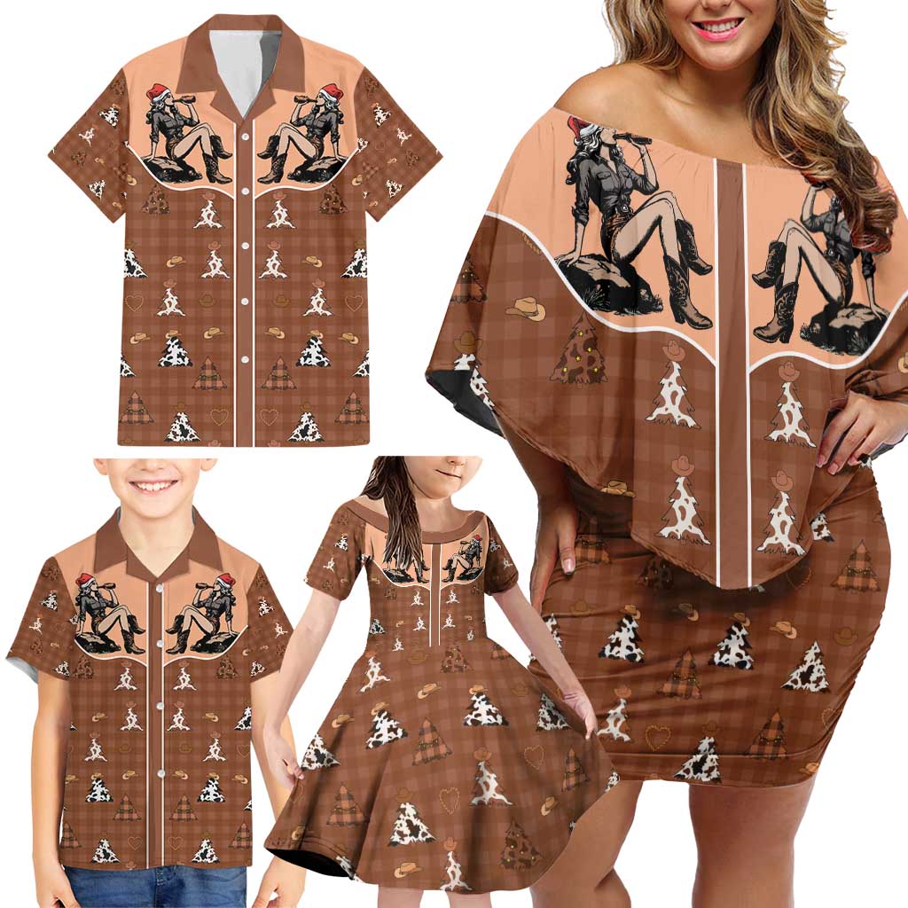 Western Yoke Family Matching Off Shoulder Short Dress and Hawaiian Shirt Cowgirl Drinking Wine Christmas - Wonder Print Shop