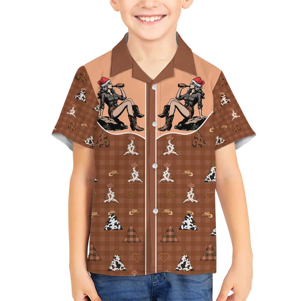 Western Yoke Family Matching Off Shoulder Short Dress and Hawaiian Shirt Cowgirl Drinking Wine Christmas - Wonder Print Shop