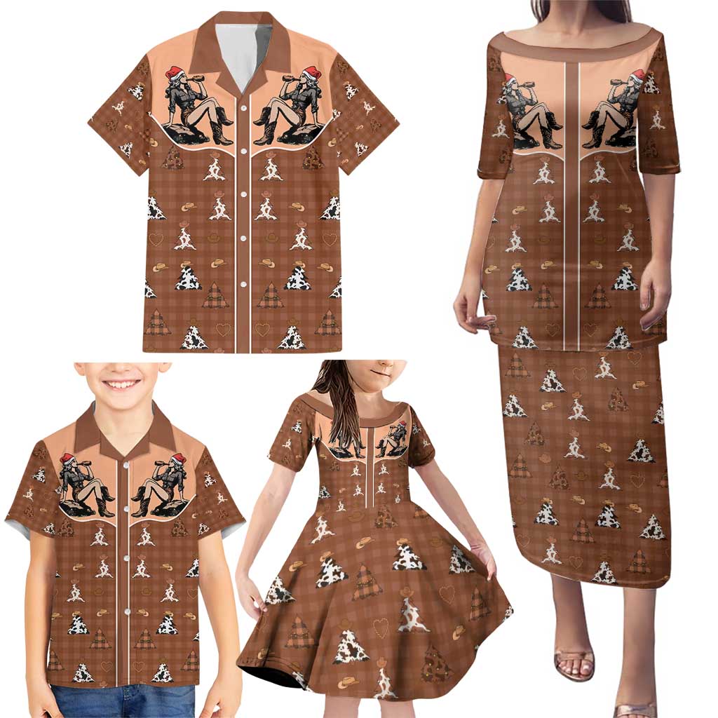 Western Yoke Family Matching Puletasi and Hawaiian Shirt Cowgirl Drinking Wine Christmas - Wonder Print Shop