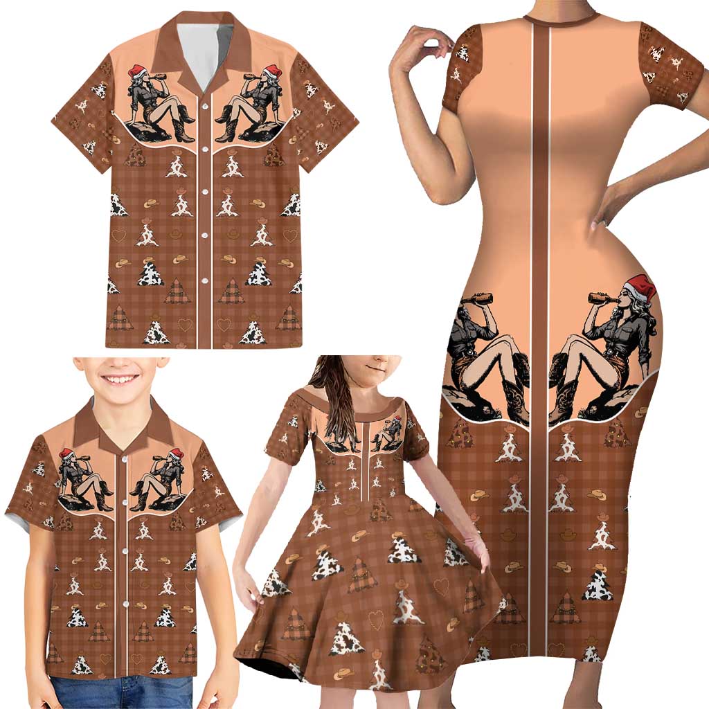 Western Yoke Family Matching Short Sleeve Bodycon Dress and Hawaiian Shirt Cowgirl Drinking Wine Christmas - Wonder Print Shop