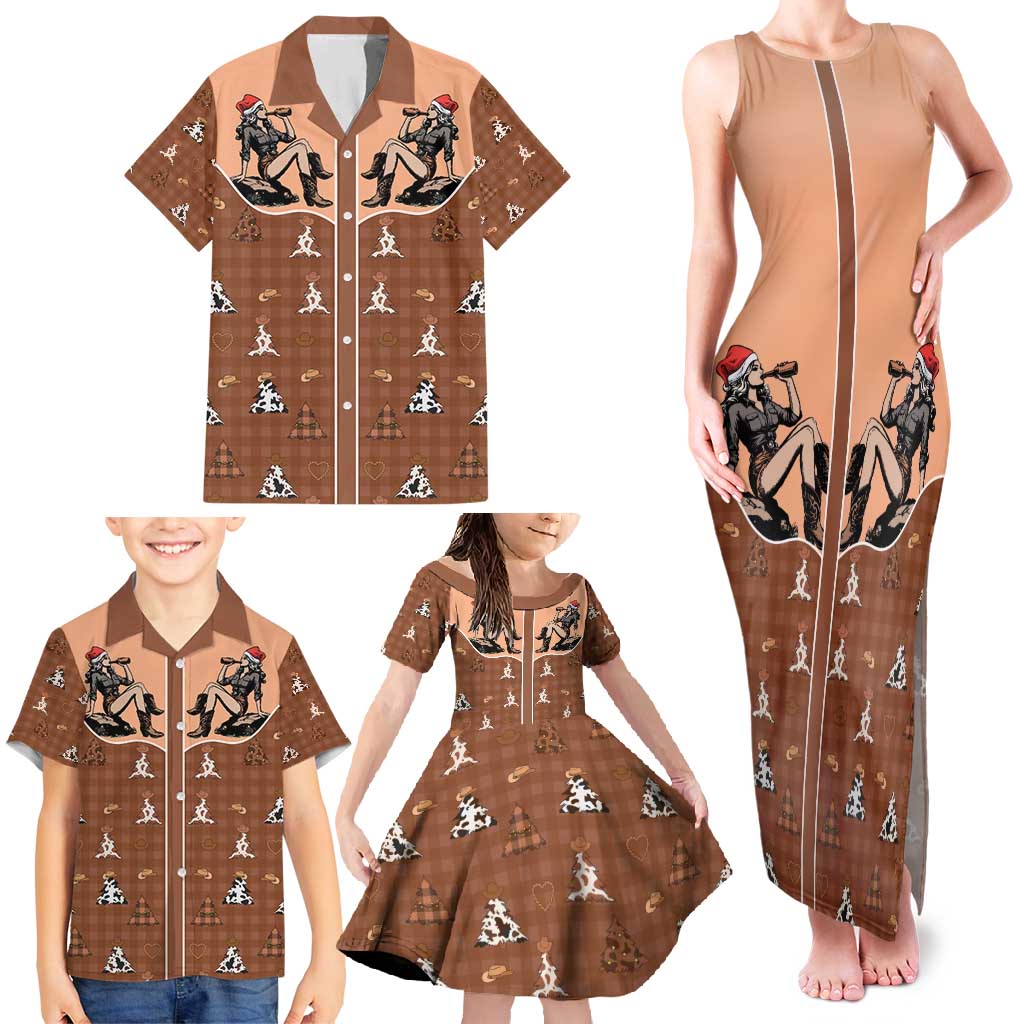 Western Yoke Family Matching Tank Maxi Dress and Hawaiian Shirt Cowgirl Drinking Wine Christmas - Wonder Print Shop