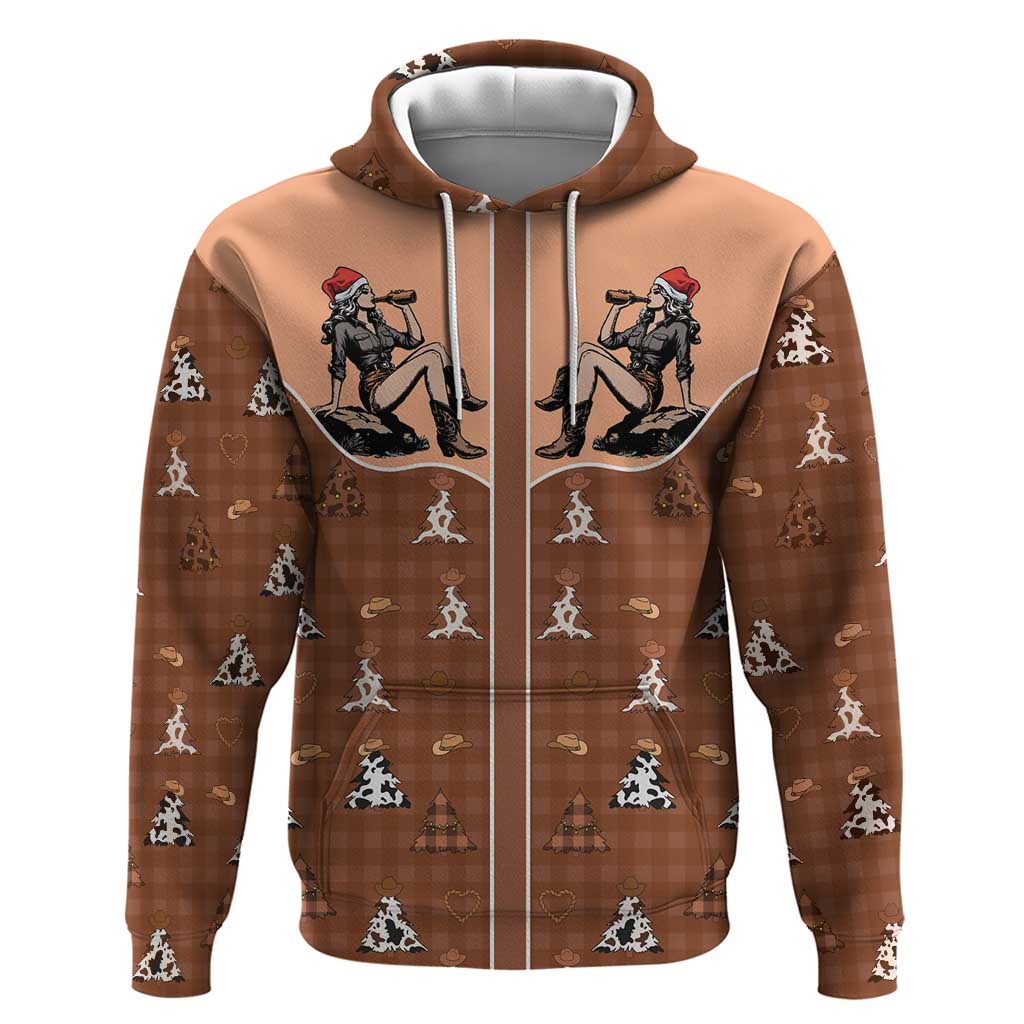 Western Yoke Hoodie Cowgirl Drinking Wine Christmas - Wonder Print Shop