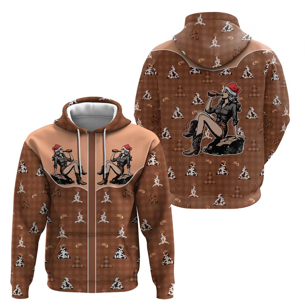 Western Yoke Hoodie Cowgirl Drinking Wine Christmas - Wonder Print Shop