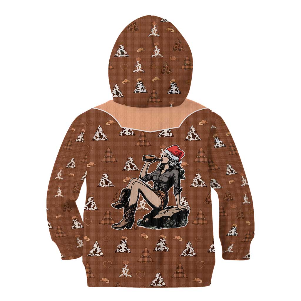 Western Yoke Kid Hoodie Cowgirl Drinking Wine Christmas - Wonder Print Shop