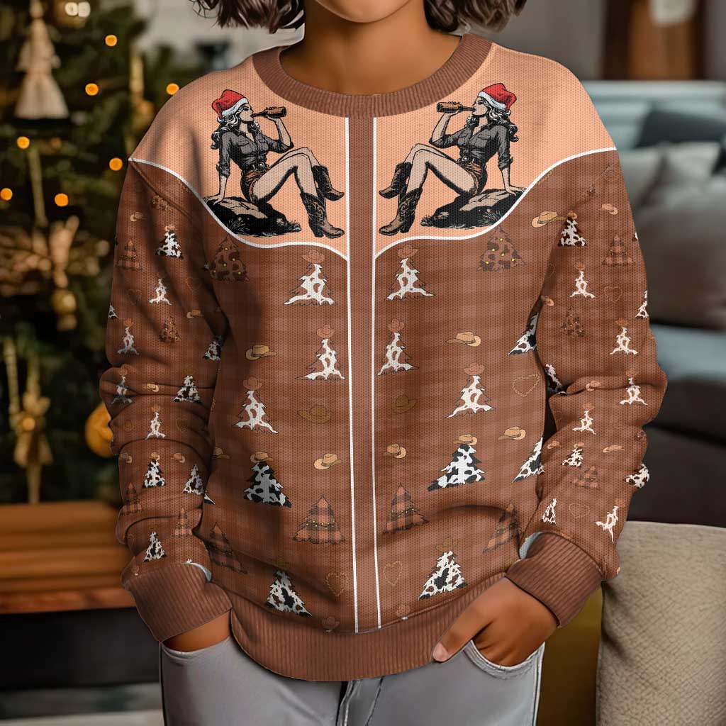 Western Yoke Kid Ugly Christmas Sweater Cowgirl Drinking Wine Christmas - Wonder Print Shop