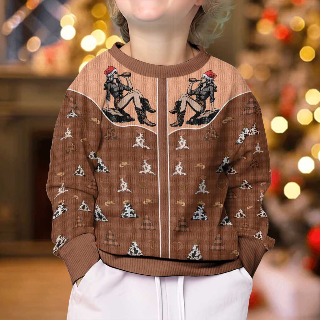 Western Yoke Kid Ugly Christmas Sweater Cowgirl Drinking Wine Christmas - Wonder Print Shop