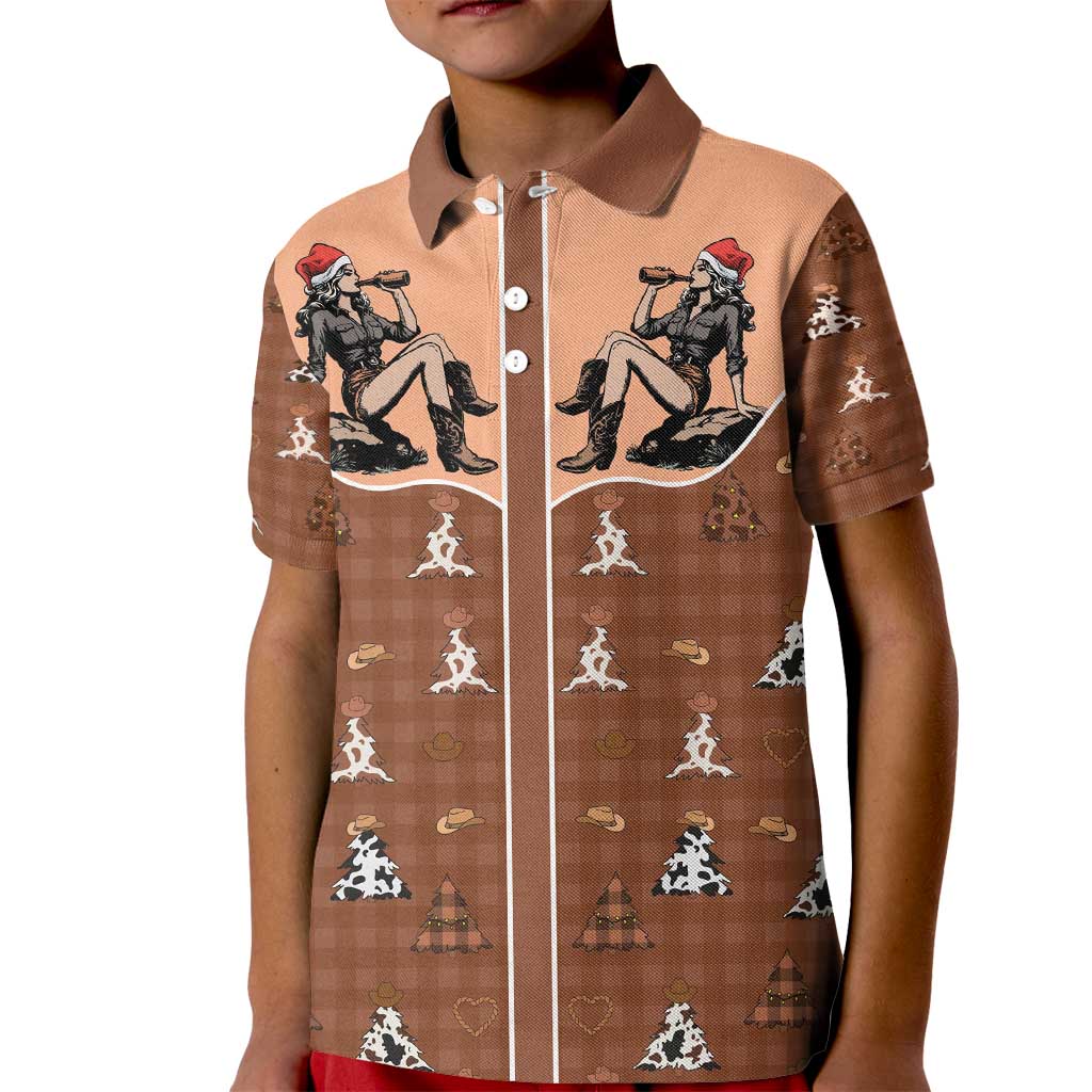 Western Yoke Kid Polo Shirt Cowgirl Drinking Wine Christmas - Wonder Print Shop