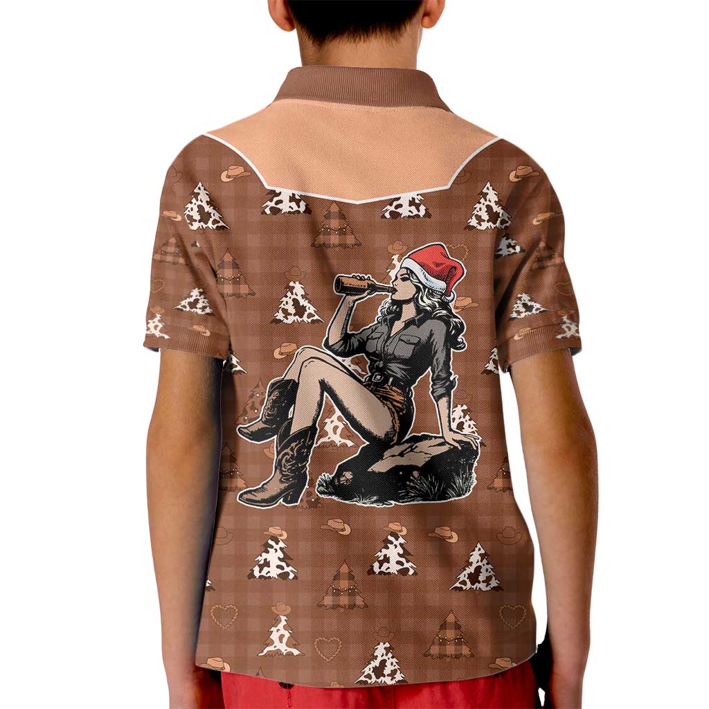 Western Yoke Kid Polo Shirt Cowgirl Drinking Wine Christmas - Wonder Print Shop